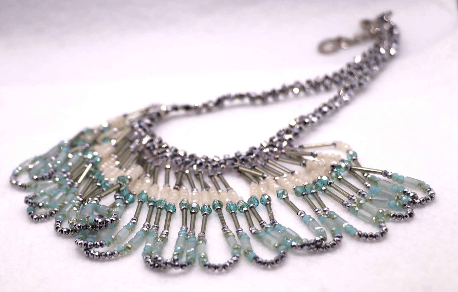 RUSH DENIS & CHARLES Aqua Blue White Silver Crystal Dangle Statement Necklace