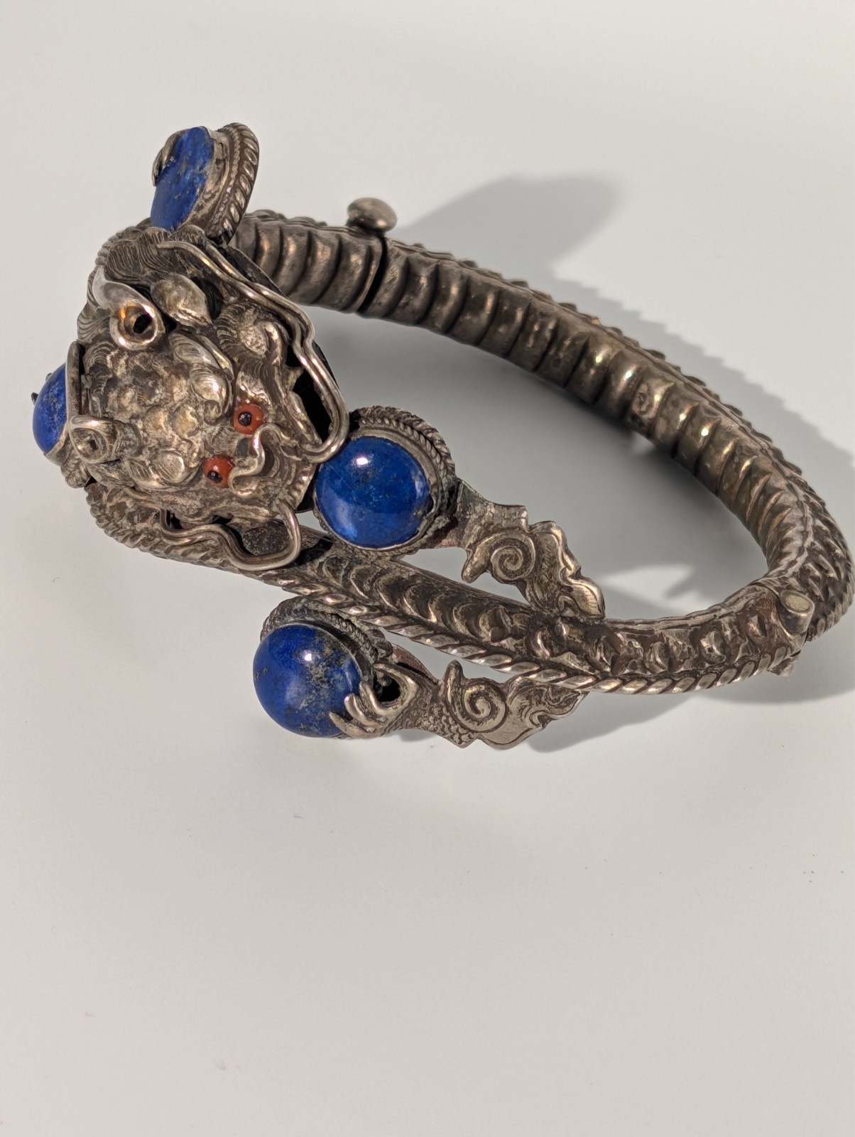 Vintage Chinese Export Sterling Silver 925 Dragon Bangle with Lapis Coral 38g