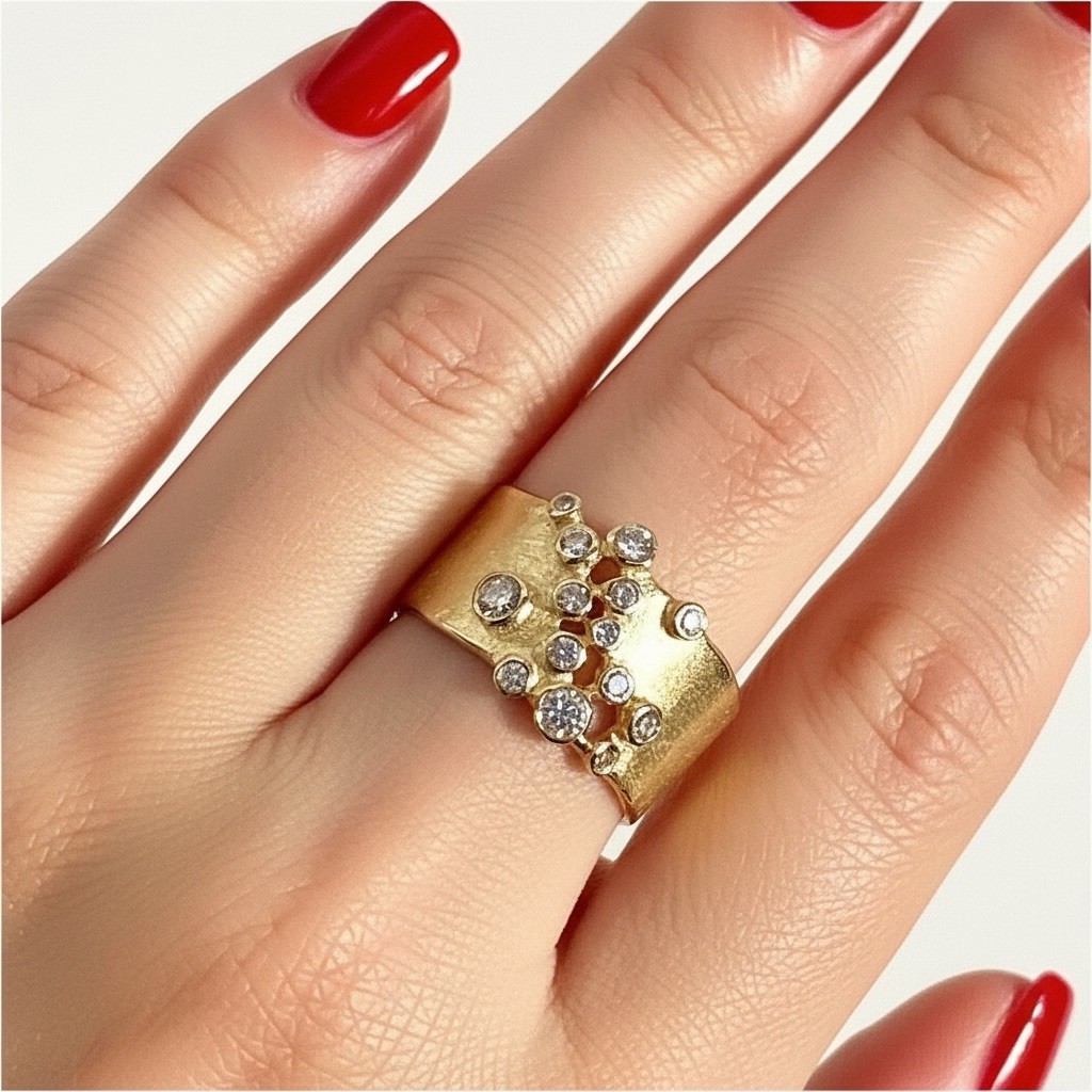 Ettika Gold Crystal Cluster Sz 8 Ring Wide Constellation Statement Boho Retro CZ
