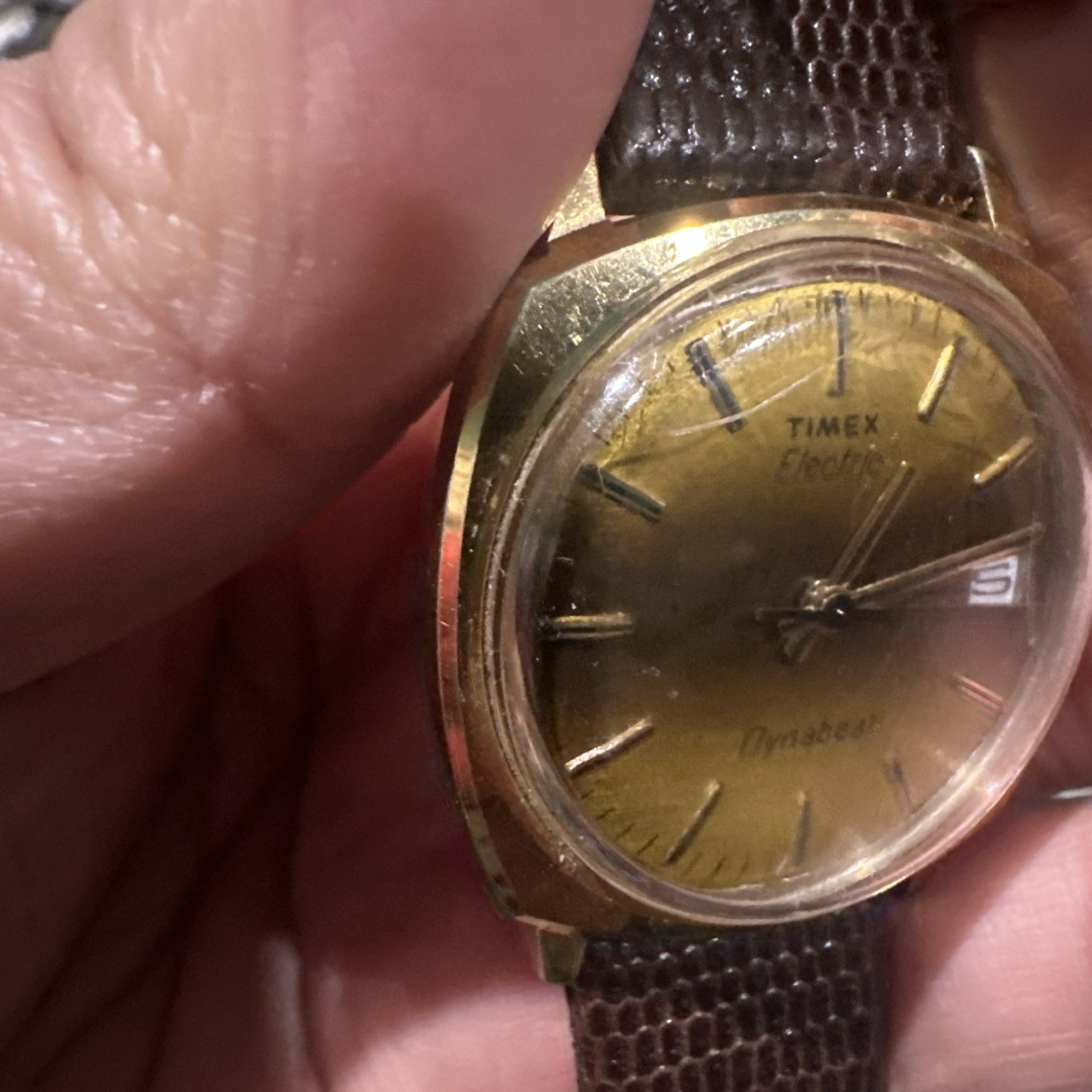 Works VTG Timex Electric Dynabeat Sunburst Mens Watch Gold Stuller Strap 34mm 7”