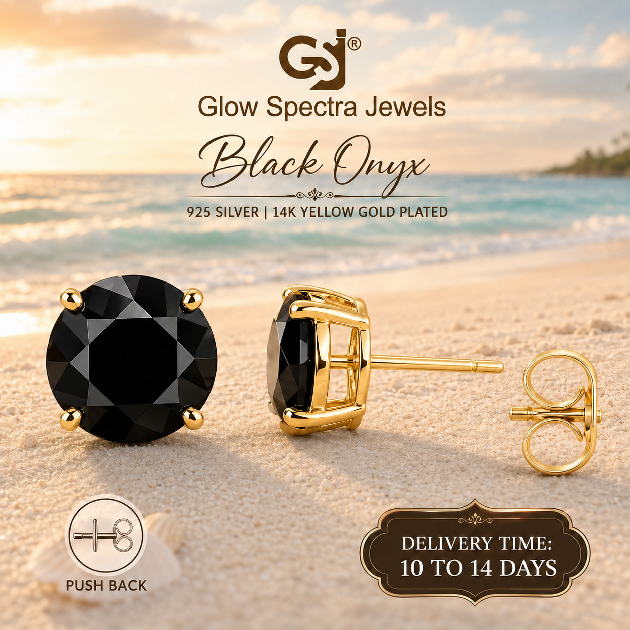 2CT Solitaire Black Onex Diamond Stud Erring 925 Silver 14k yellow Gold Plated