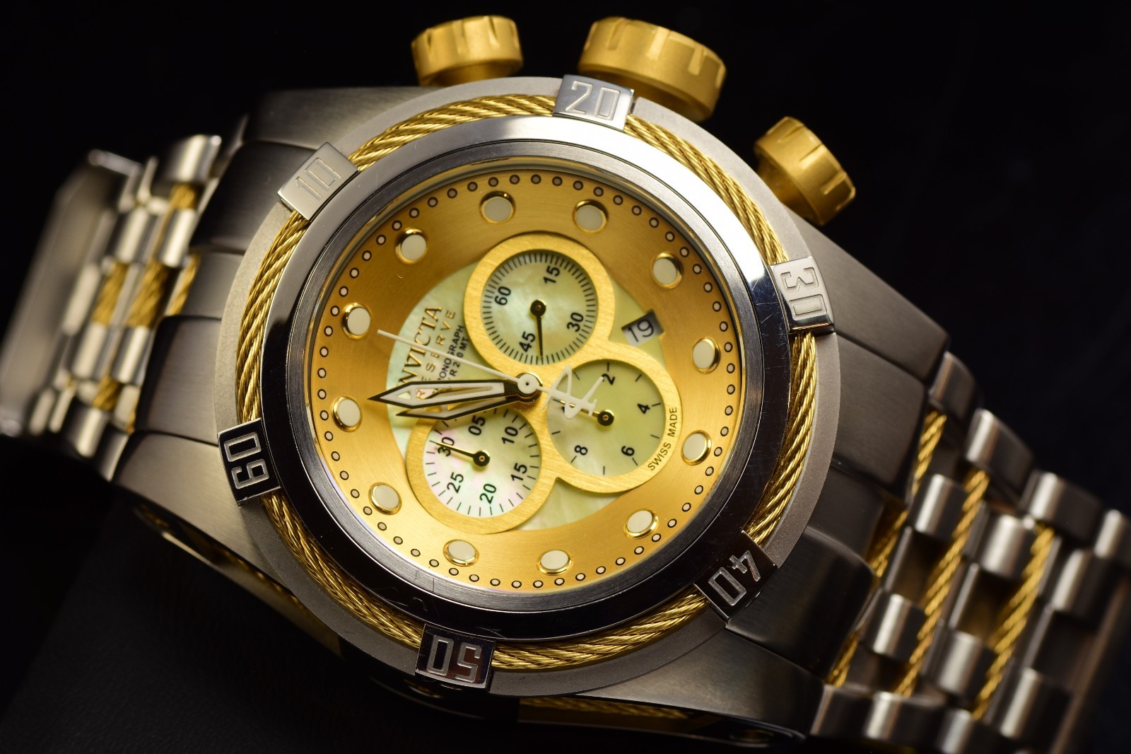 RARE Invicta Mens Bolt Zeus Chrono MOP Dial Steel Gold Tone SS Swiss Watch