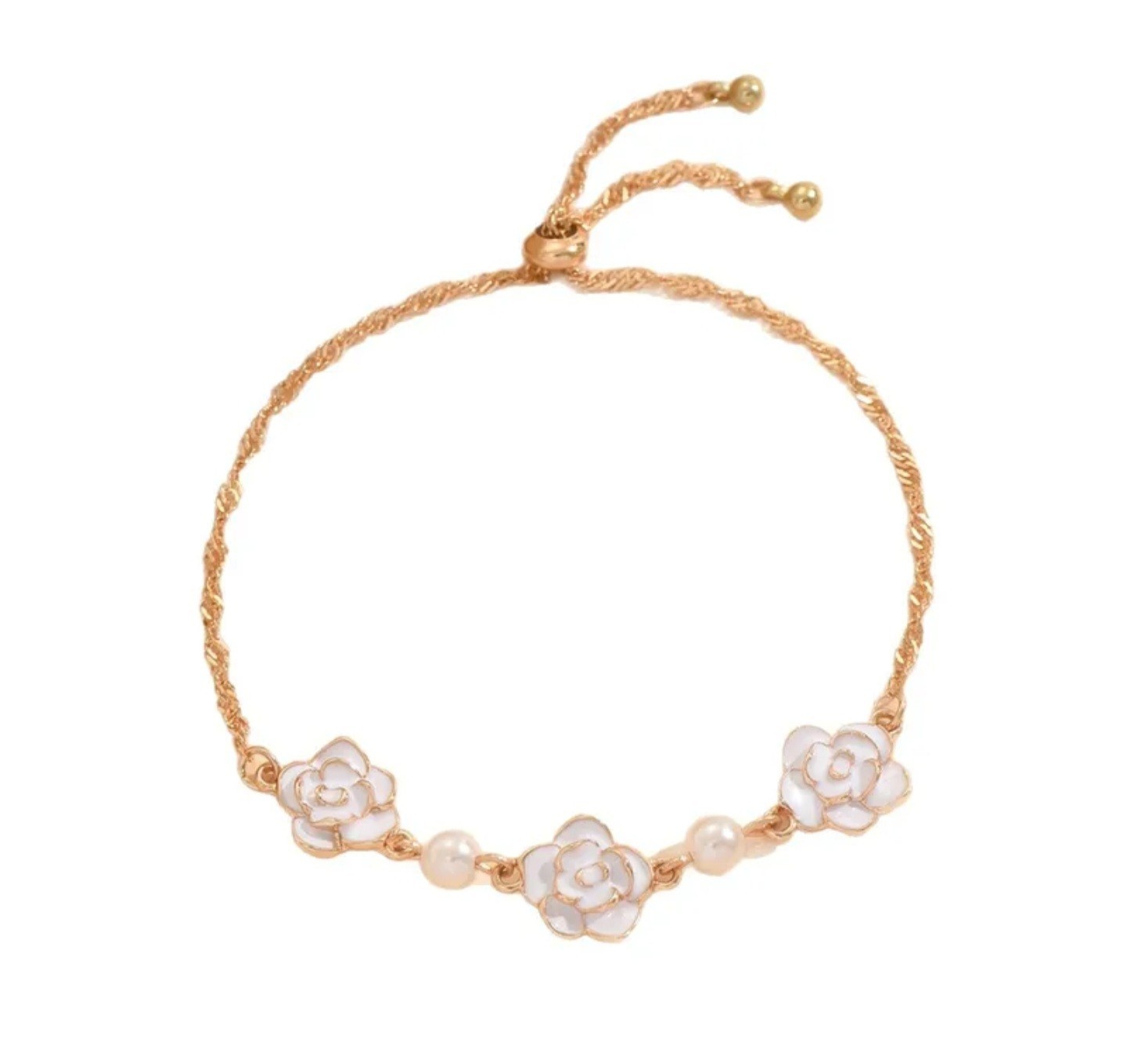 Gold Tone Adjustable Chain Bracelet w/ White Flower Charms & White Pearls
