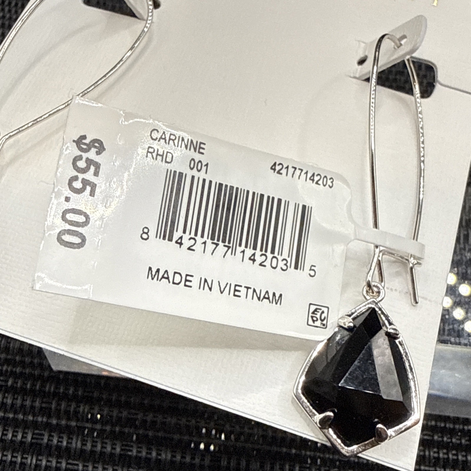 Kendra Scott Carinne Black Glass Rhodium Plated Dangle Drop Earrings Silver Tone