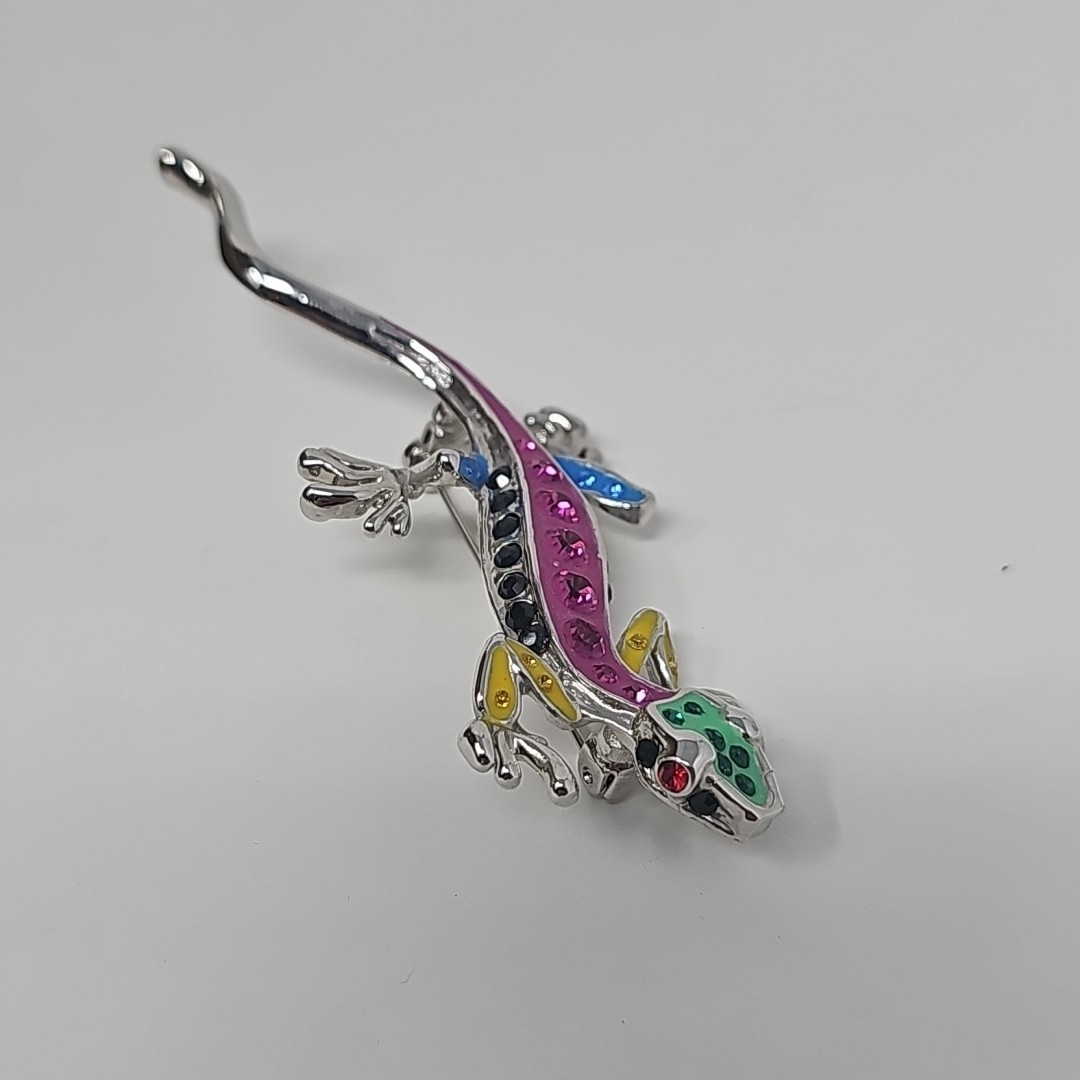 3.5″ Vintage Brooch pin lizard gecko black pink blue green rhinestones silver