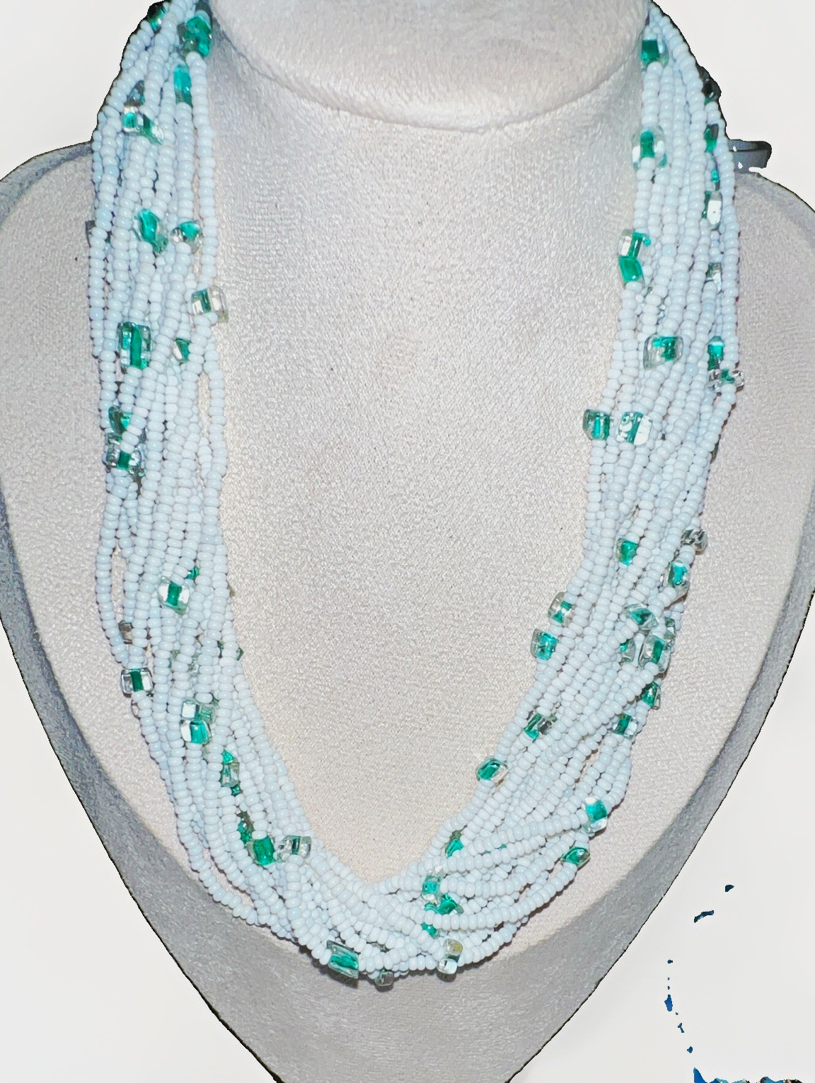 Multi-Strand Beaded Glass Necklace White/Green Signed Hook Clasp Made in Italy