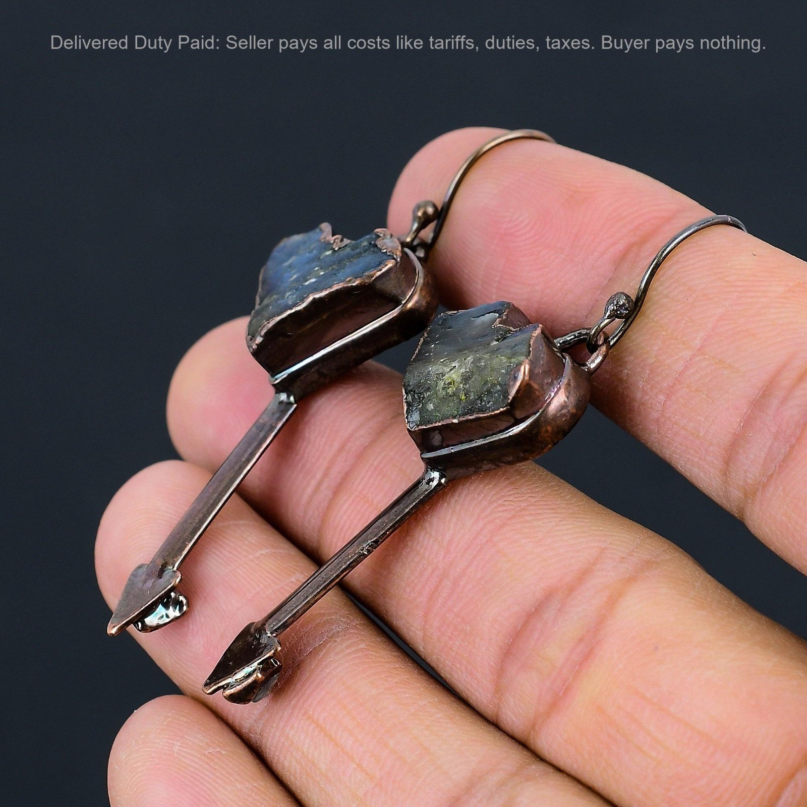 Copper Natural Labradorite Rough Dangle Electroformed Artisan Earrings Jewelry