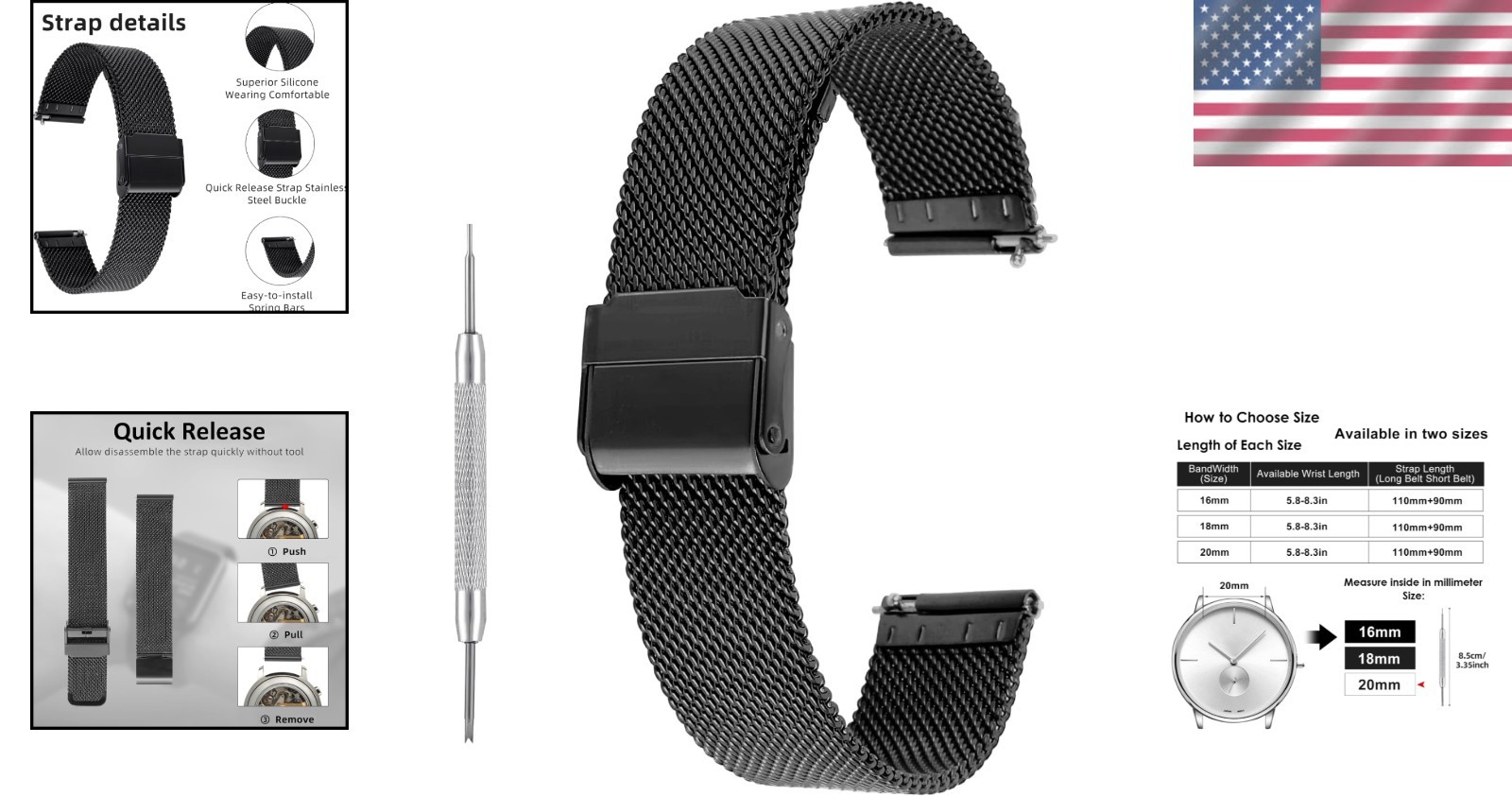 Elegant Milanese Mesh Adjustable Watch Band – Lightweight Stainless Steel, 20mm