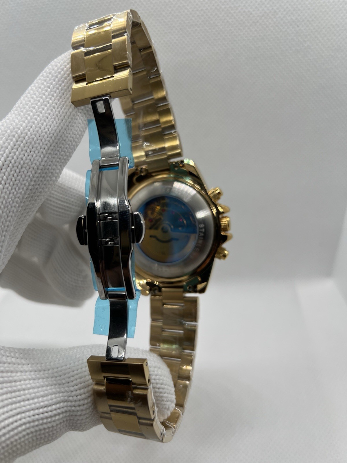 LONGBO Automatic Wristwatch Blue Dial Date Gold Case Black Leather Strap