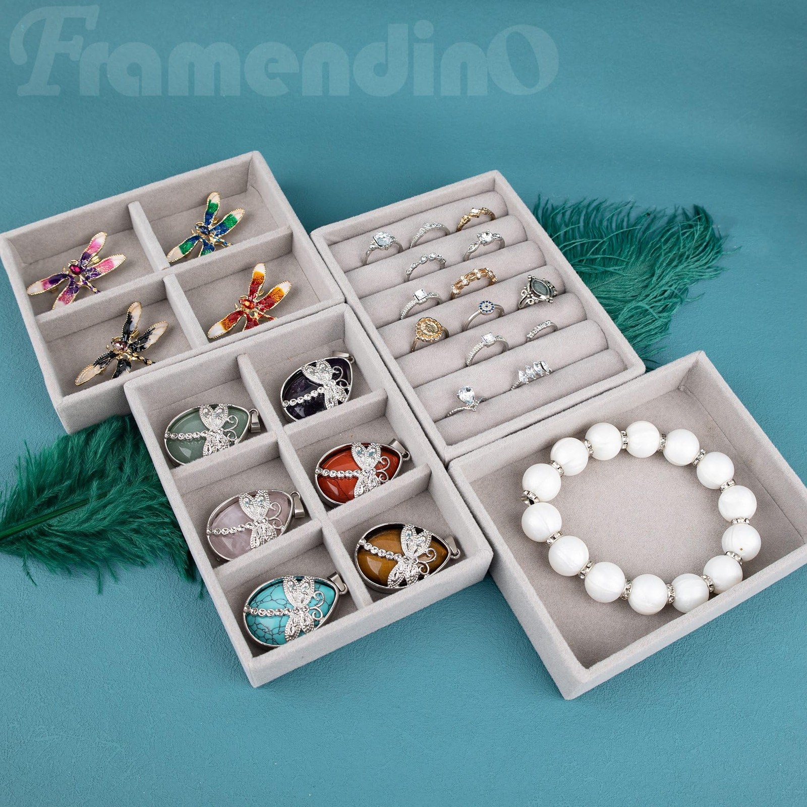 Framendino, 4 Pack Jewelry Tray Ring Display Case Stackable Organizer Trays D…