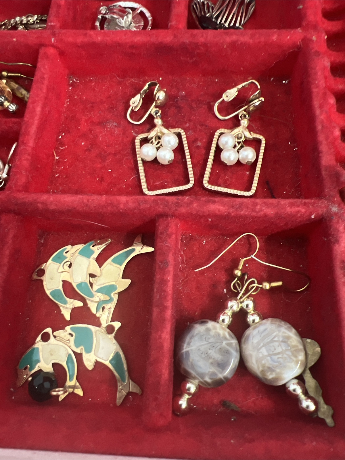 Jewerly Box and Lot of Costume Earrings Some Clip-on Some Pierced Some Single
