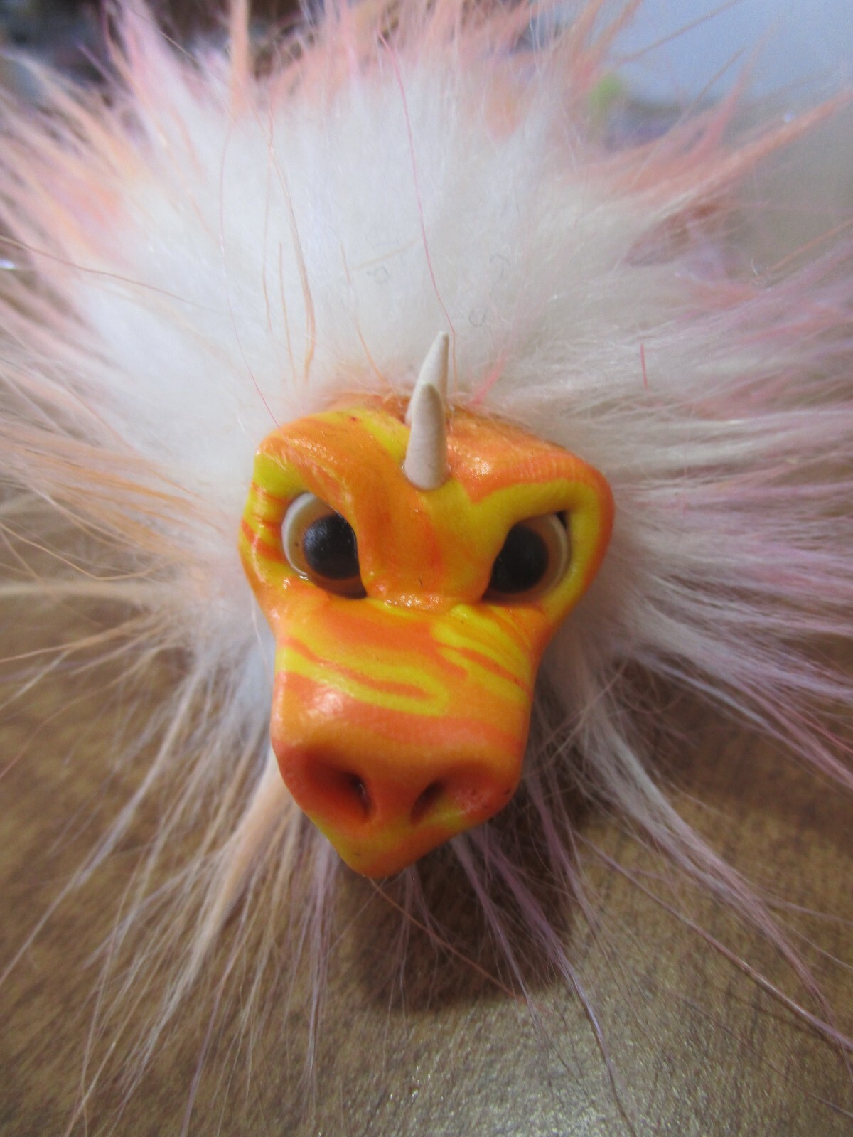 Neon Faux Fur Feathered Serpent Quetzalcoatl Brooch Pin 11″ Sculpted Dragon Face