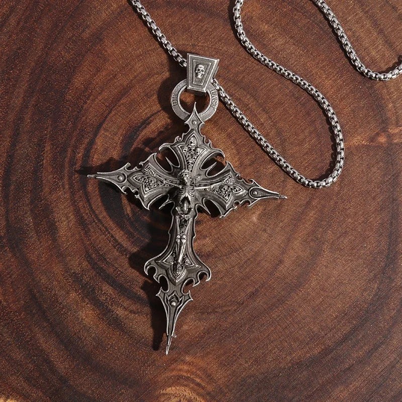 Vintage Gothic Skull Jesus Cross Pendant Necklace Catholic Jewelry for Men Punk