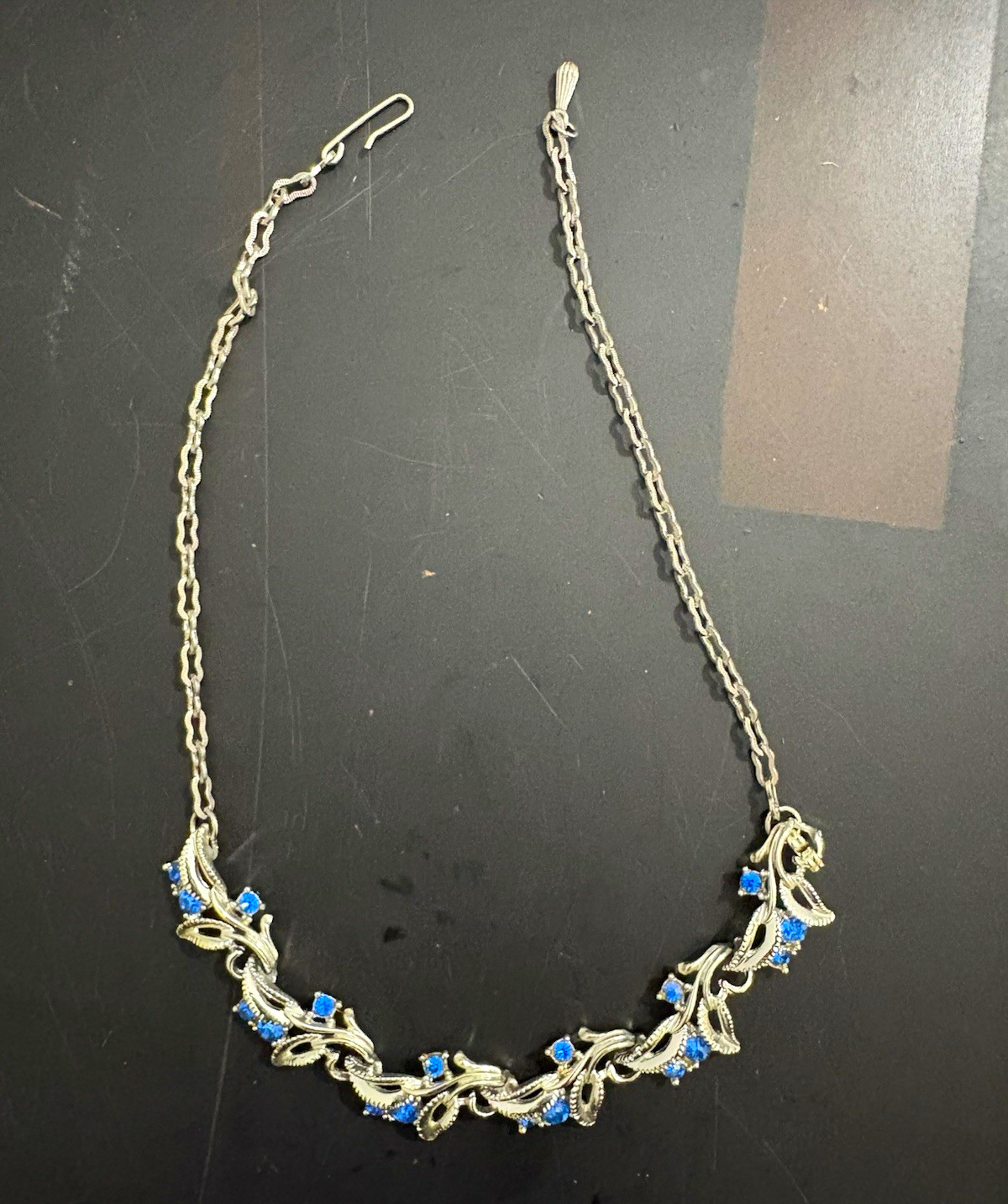 Silver Tone Blue Crystal Rhinestone Cable Chain Necklace w/ Hook Clasp