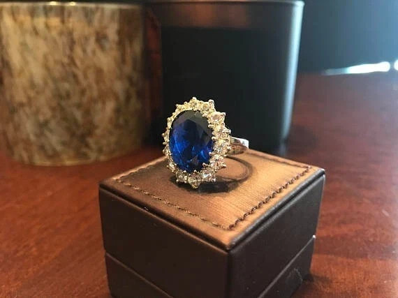 Oval Cut Lab Created Sapphire Diamond Halo Wedding Ring 14K White Gold Plated