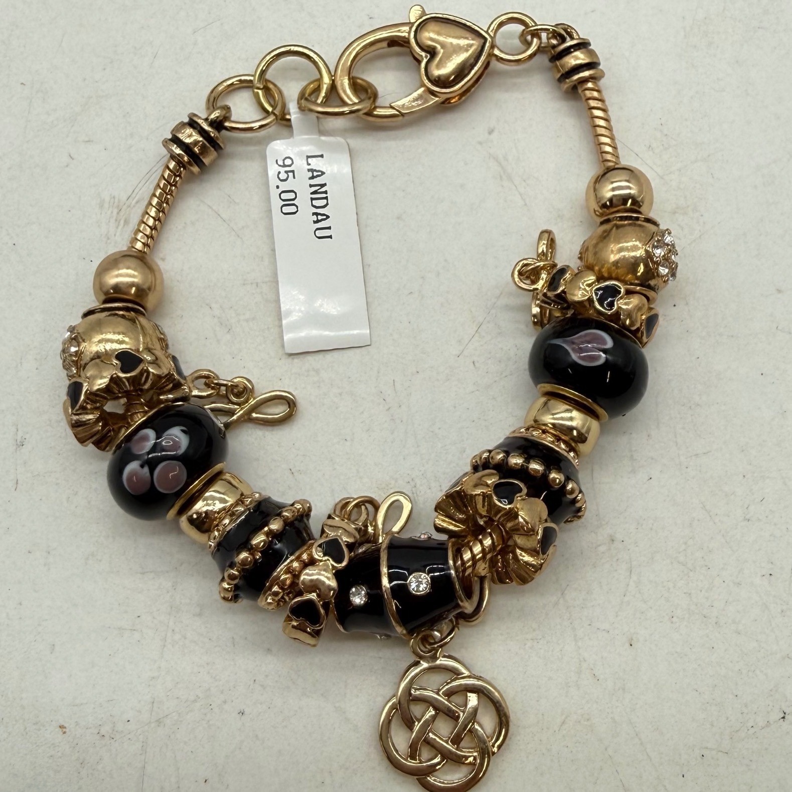 Landau Gold Tone Charm Bracelet Black Glass Beads Hearts Celtic Knot NWT
