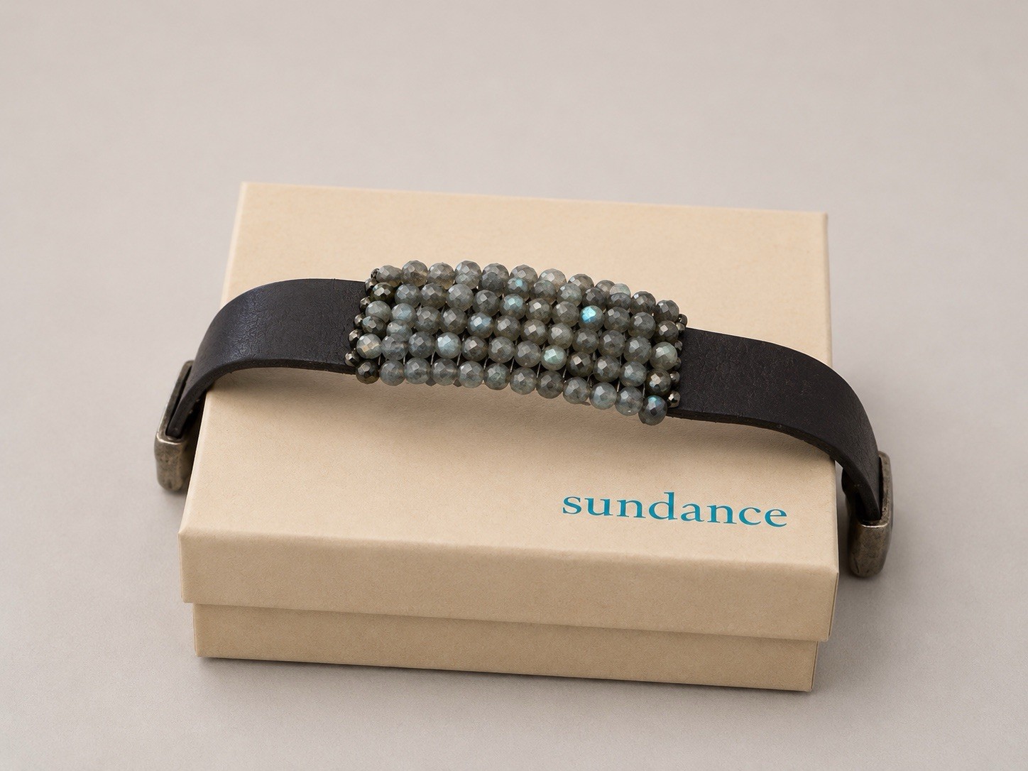 Sundance Laborite Leather Cuff Bracelet w/ Gray Round Beads, Buckle Closure