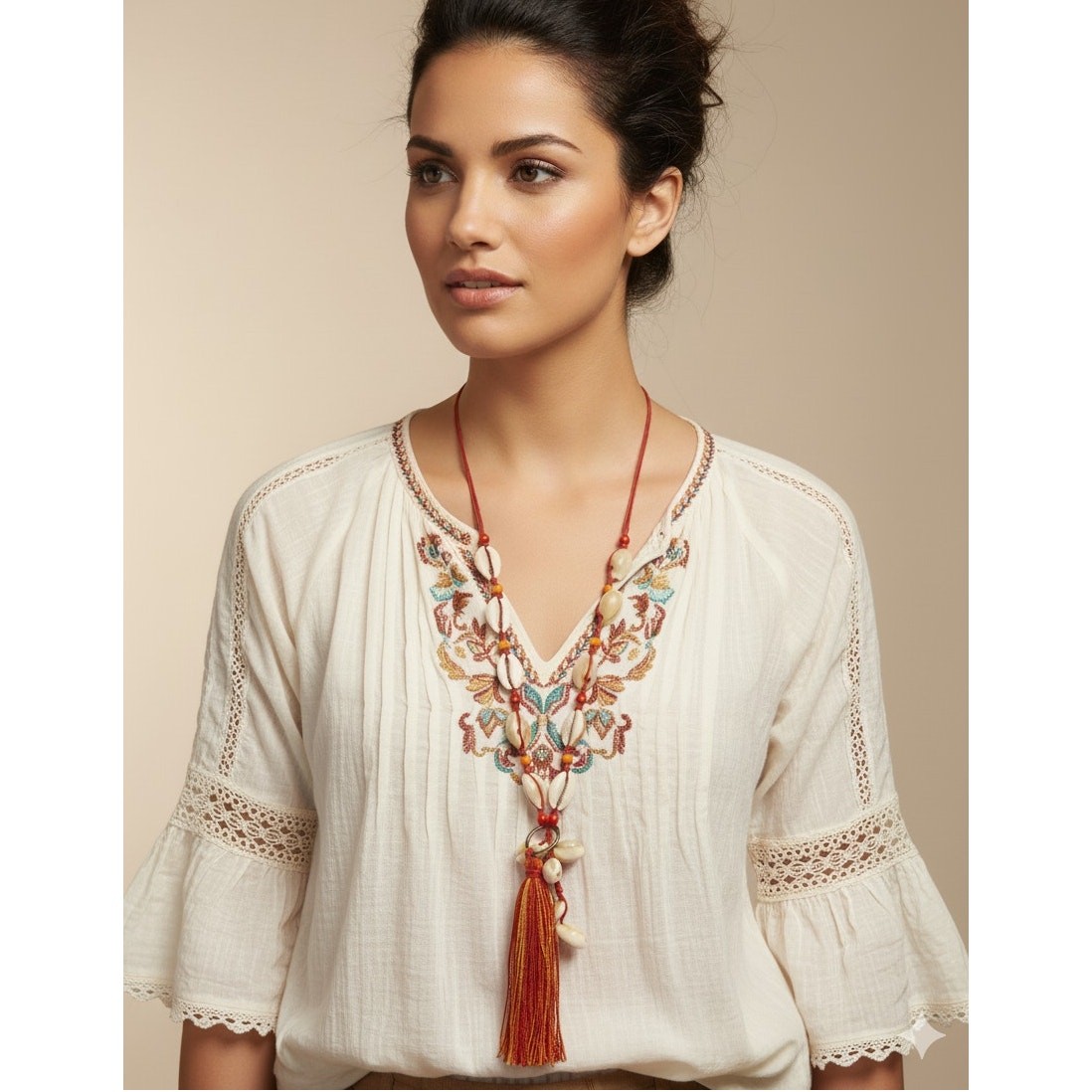MIA Collection Cowrie Shell Tassel Long Necklace Red Cord Adjustable Boho Women