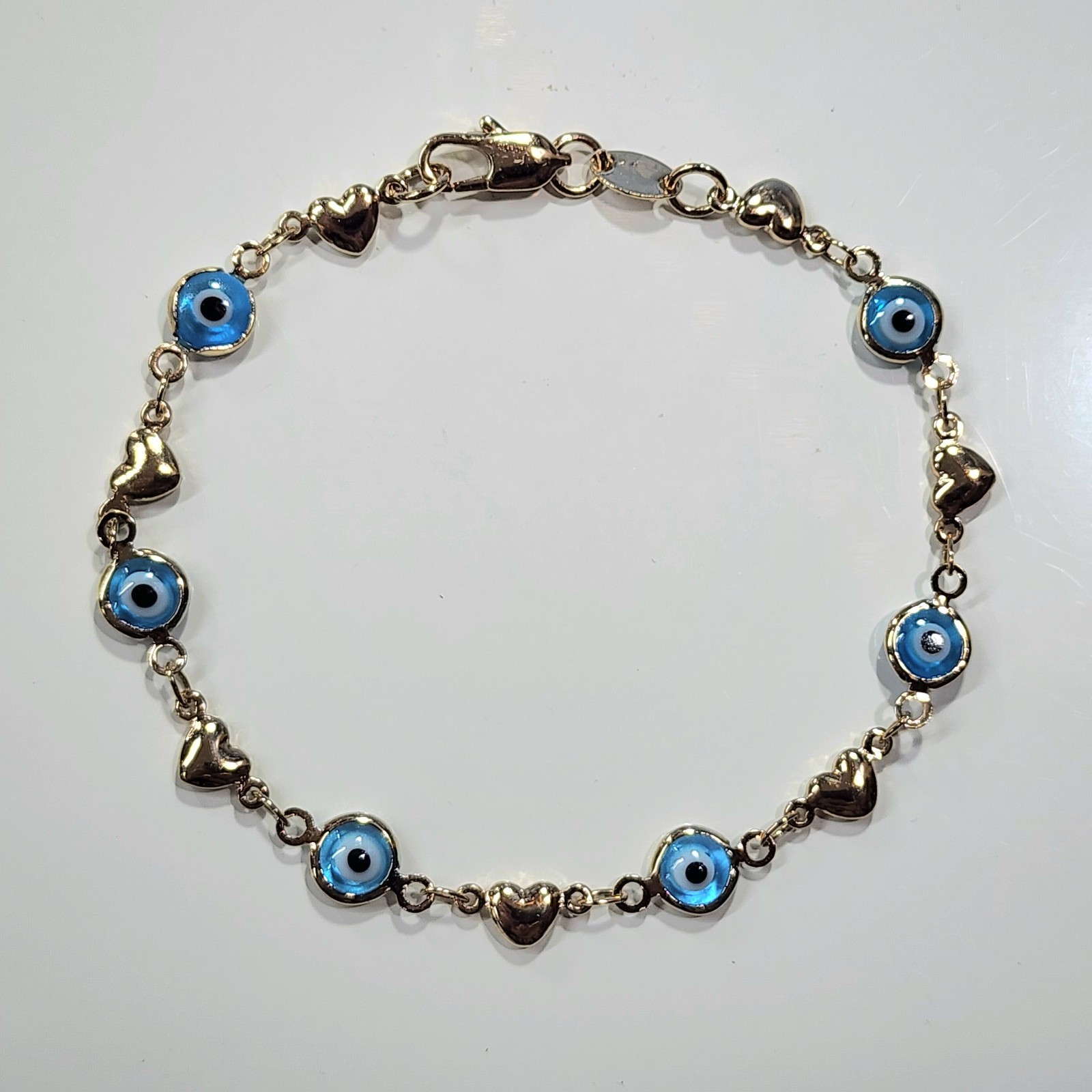 18k Gold Filled Bracelet Light Blue Evil Eye with Hearts 7.5 inch Long