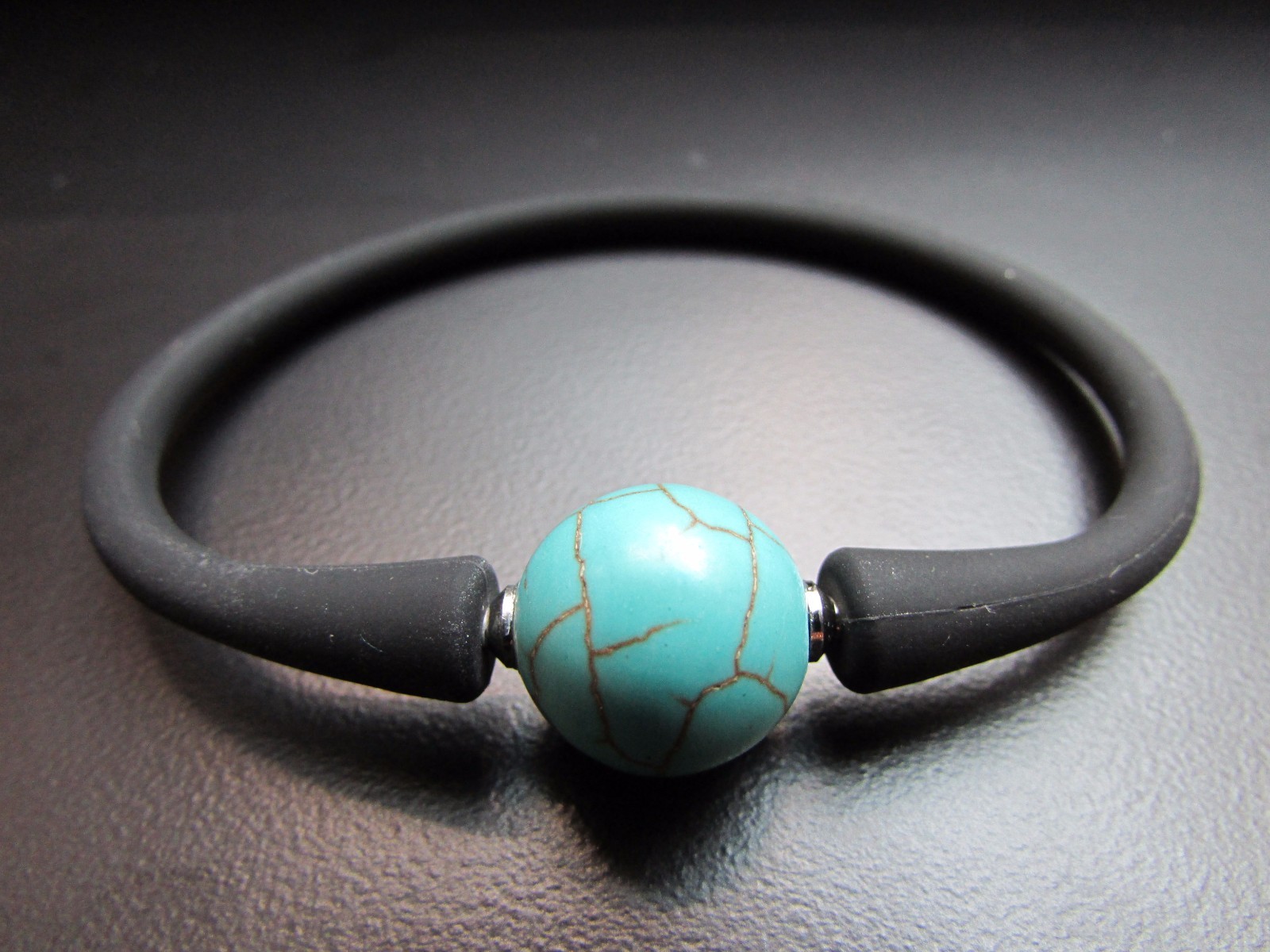 Unisex Black Silicon Rubber Bracelet Turquoise Stainless Steel Post 7.5″