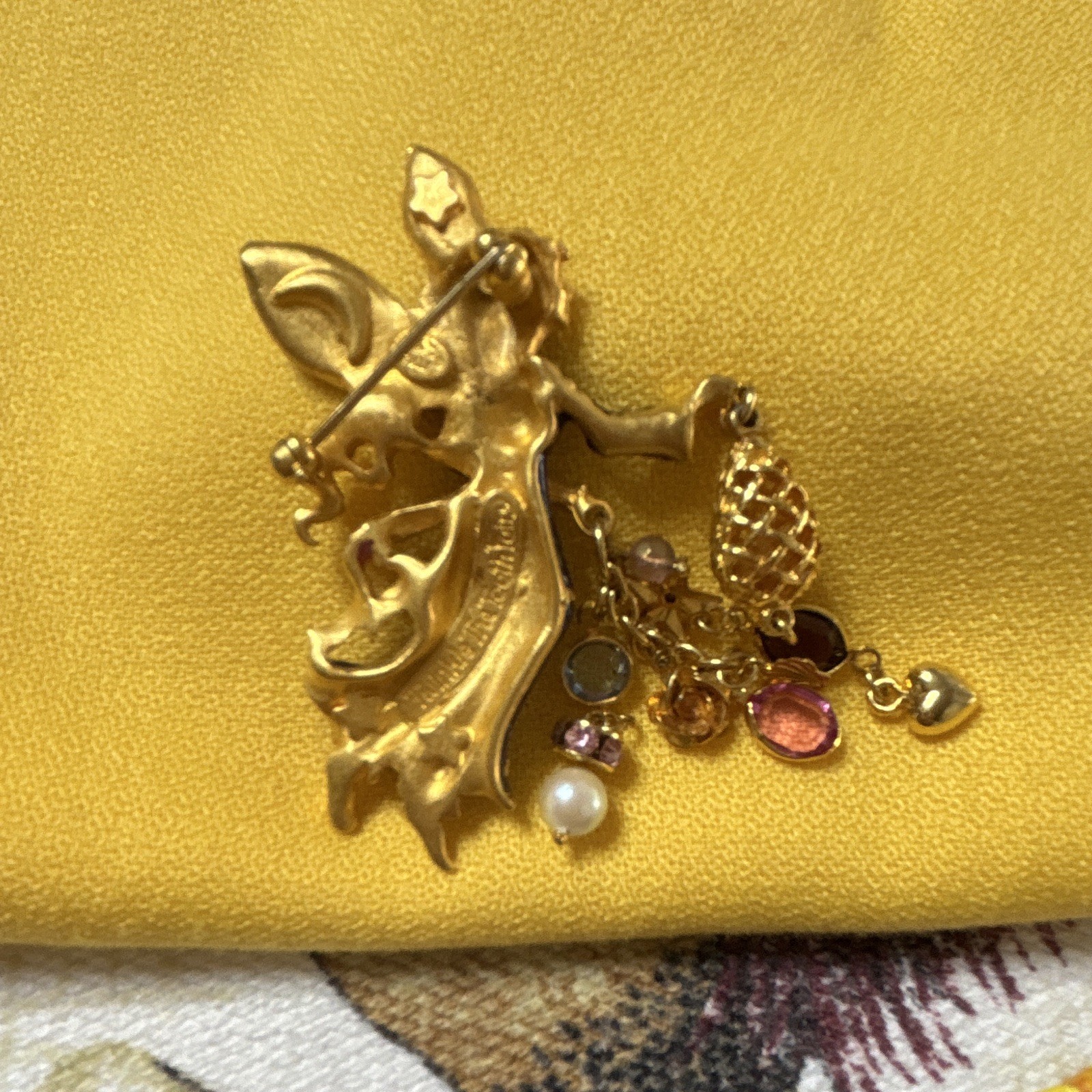 Gold Tone Enamel Fairy Brooch Pin w/ Pink Crystal Dangles, Blue & Pink