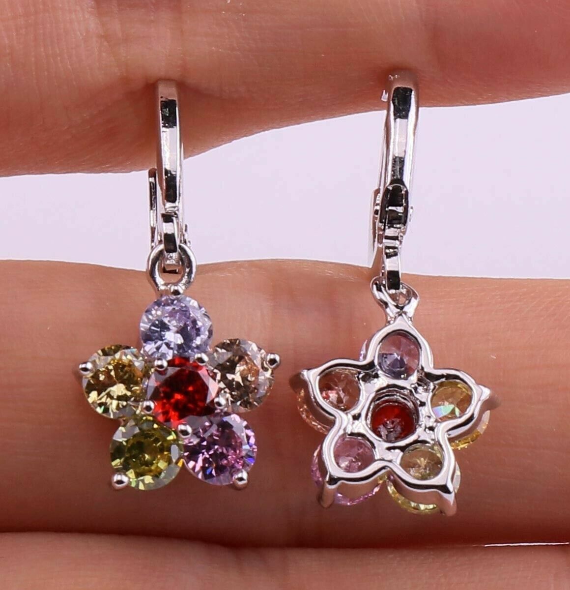 Cute 18K White Gold Filled Multi-Color CZ Flower Mini Hoop Drop Dangle Earrings