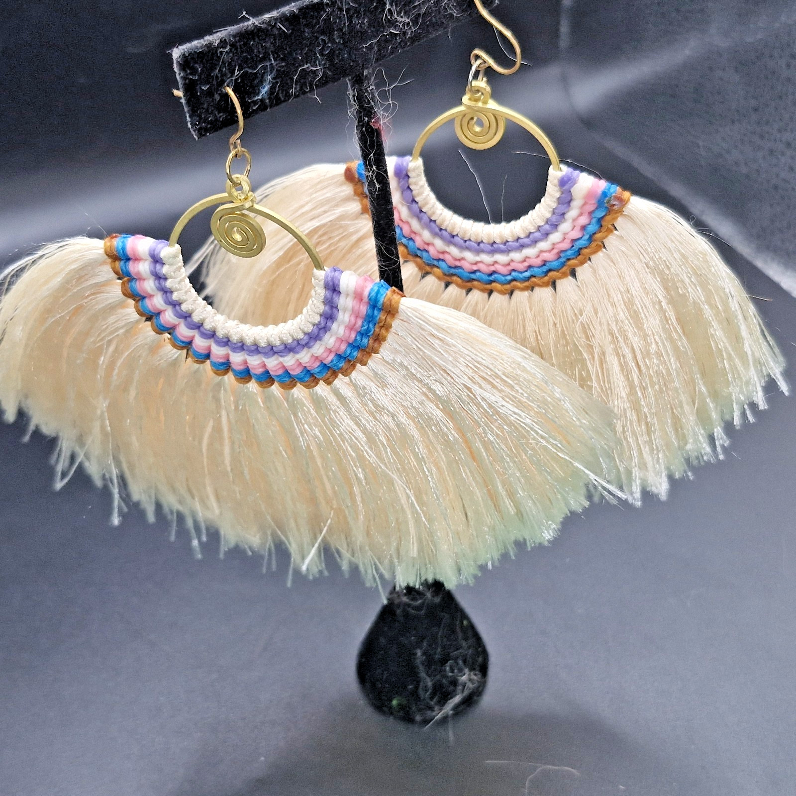 SW Style Large Runway Tassel Macrame Earrings Brass Blue, Orange, Tan 3.5 X 4.5″