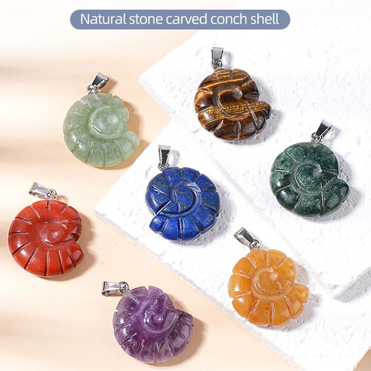5PCS Carved Gemstone Conch Shell Pendant 25mm Crystal Ammonite Fossil Charms