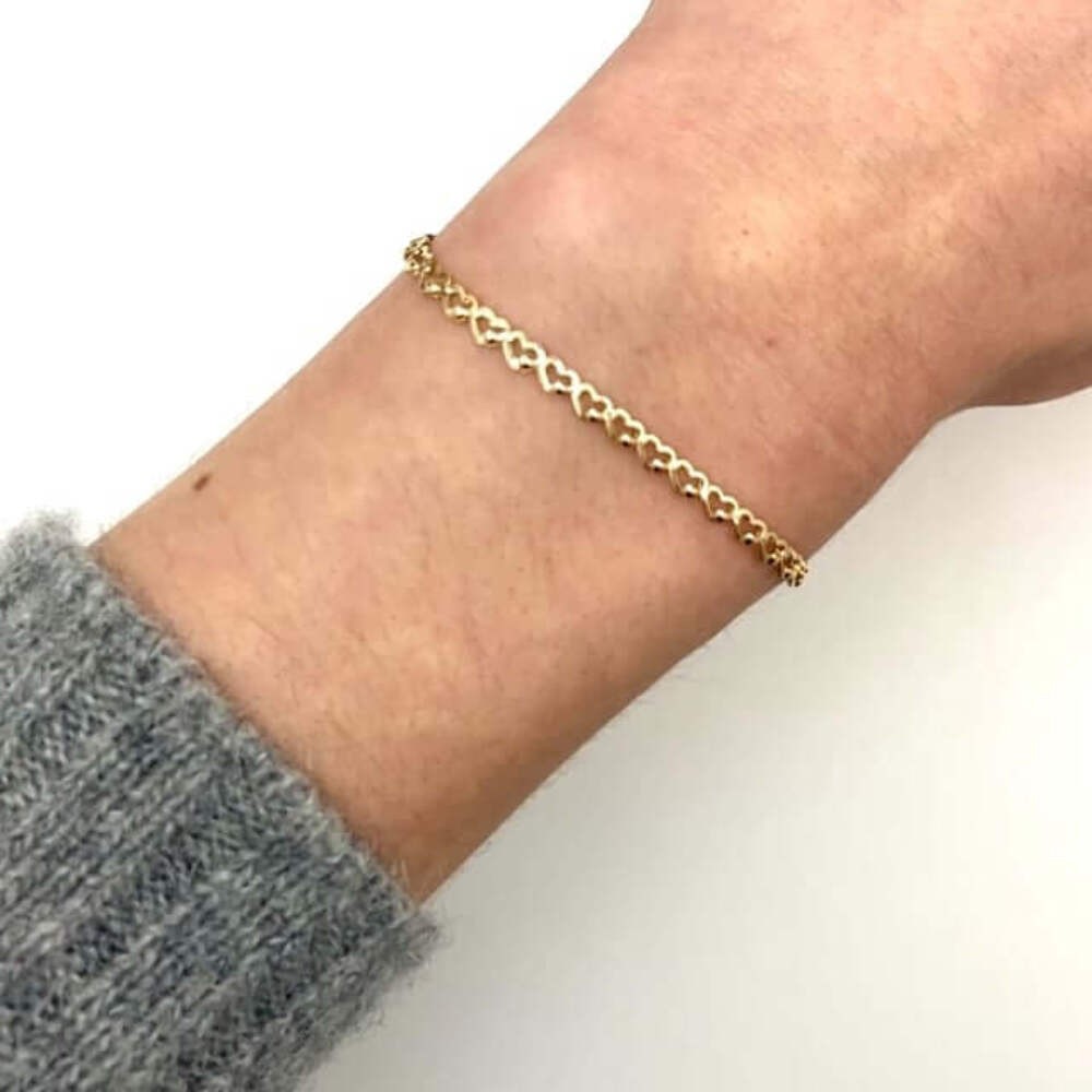 14K Yellow Gold 3.2mm Hearts Charm Link Bracelet (Hollow) 7″