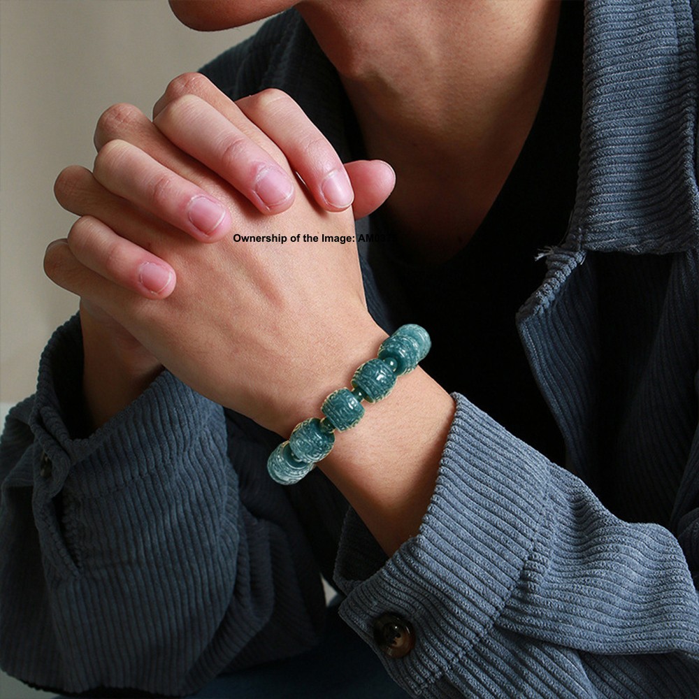 Natural Blue Water Jadeite Carved Barrel Bead Stretch Bracelet -Grade A Jade