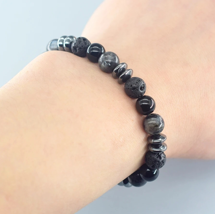 Black Labradorite Volcanic 8mm Stone Beads Bracelet Spiritual Protection Jewelry