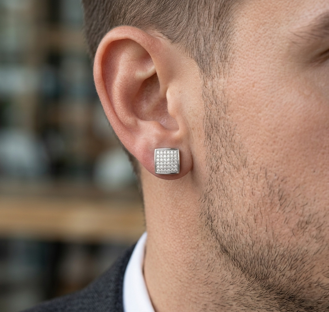 Mens Square Created Diamond Stud Earrings 925 Sterling Silver White Gold