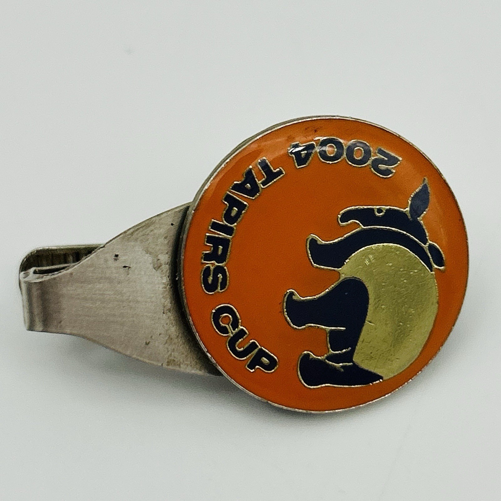 VINTAGE 2004 Tapirs Cup Tie Bar Pin Japan Silver Toned Orange Antique Logo Mens