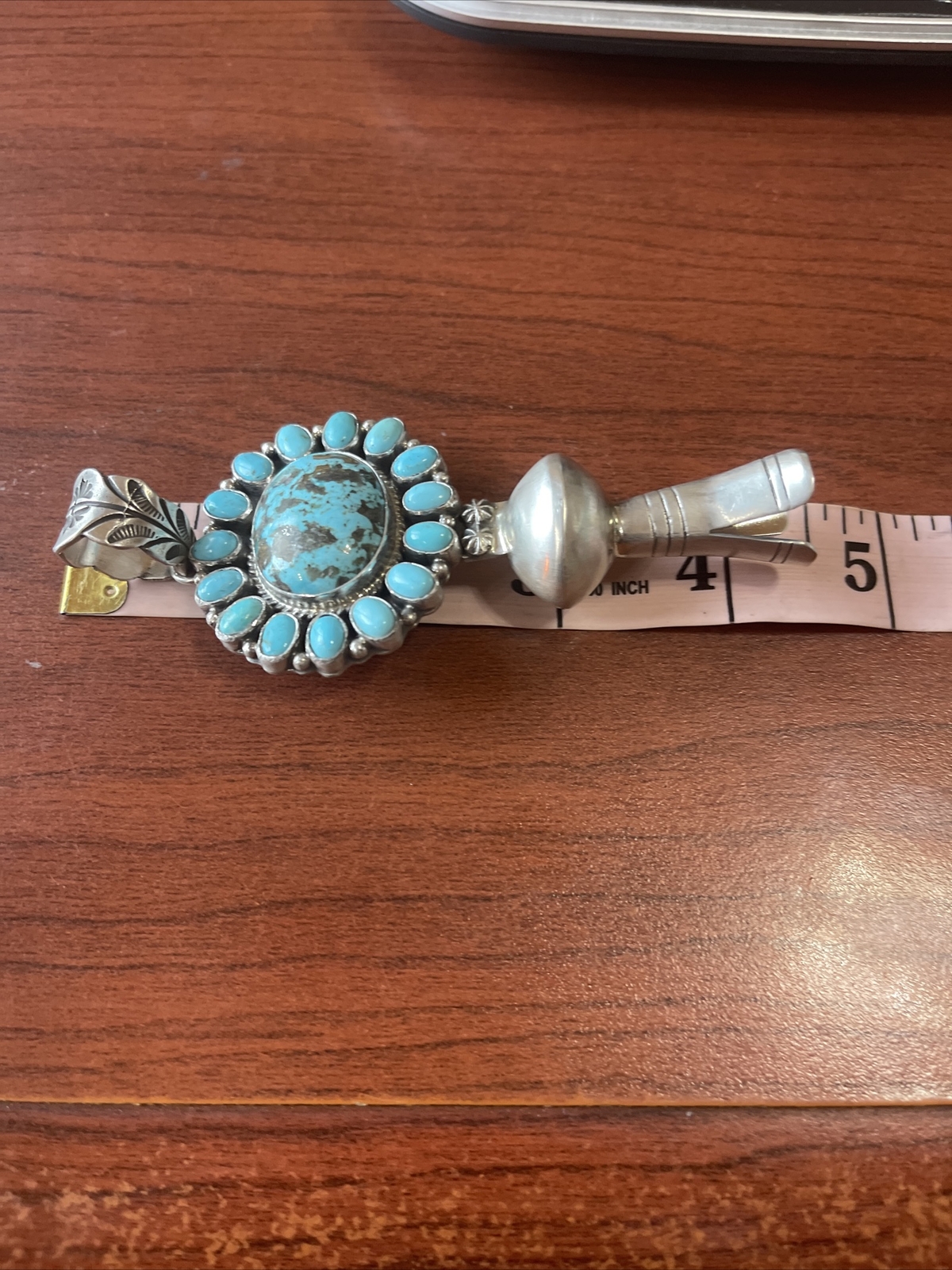 NAVAJO ~SS ~4 1/2 IN LONG ~ KINGMAN TURQUOISE ~SQUASH PENDANT~GERALDINE JAMES