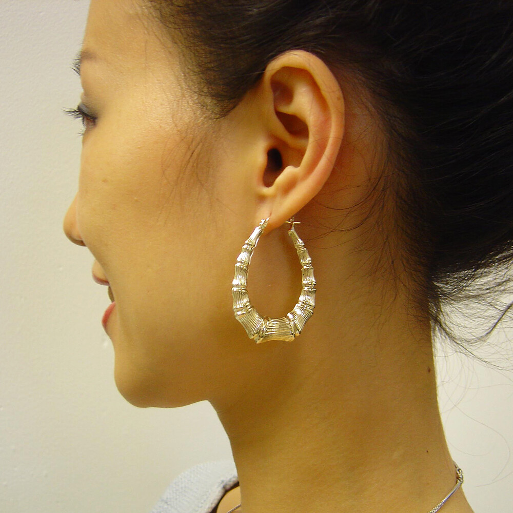 10K Real Gold Door Knocker Hollow Oval Drop Bamboo Earrings 1 1/4 Inch Wide