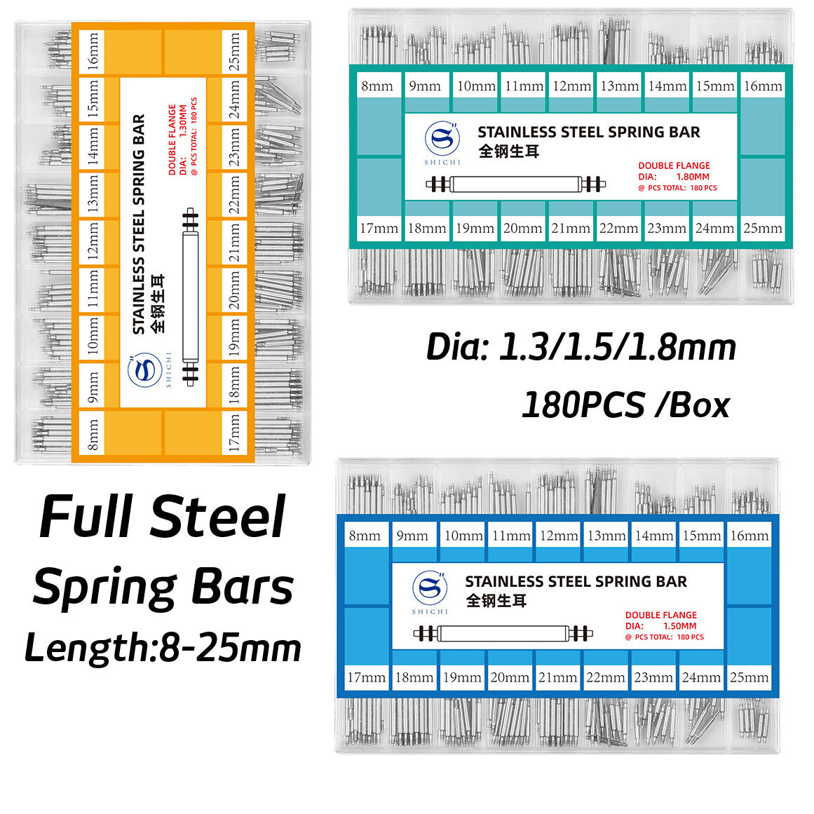 180pcs Full Steel Watch Band Spring Bar Pins 8-25mm Connect Pins D1.3 1.5 1.8mm