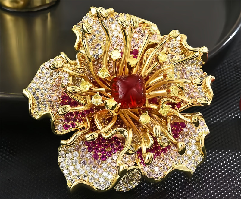 Beautiful Red Color Large Peony Flower Brooch With High Quality Design