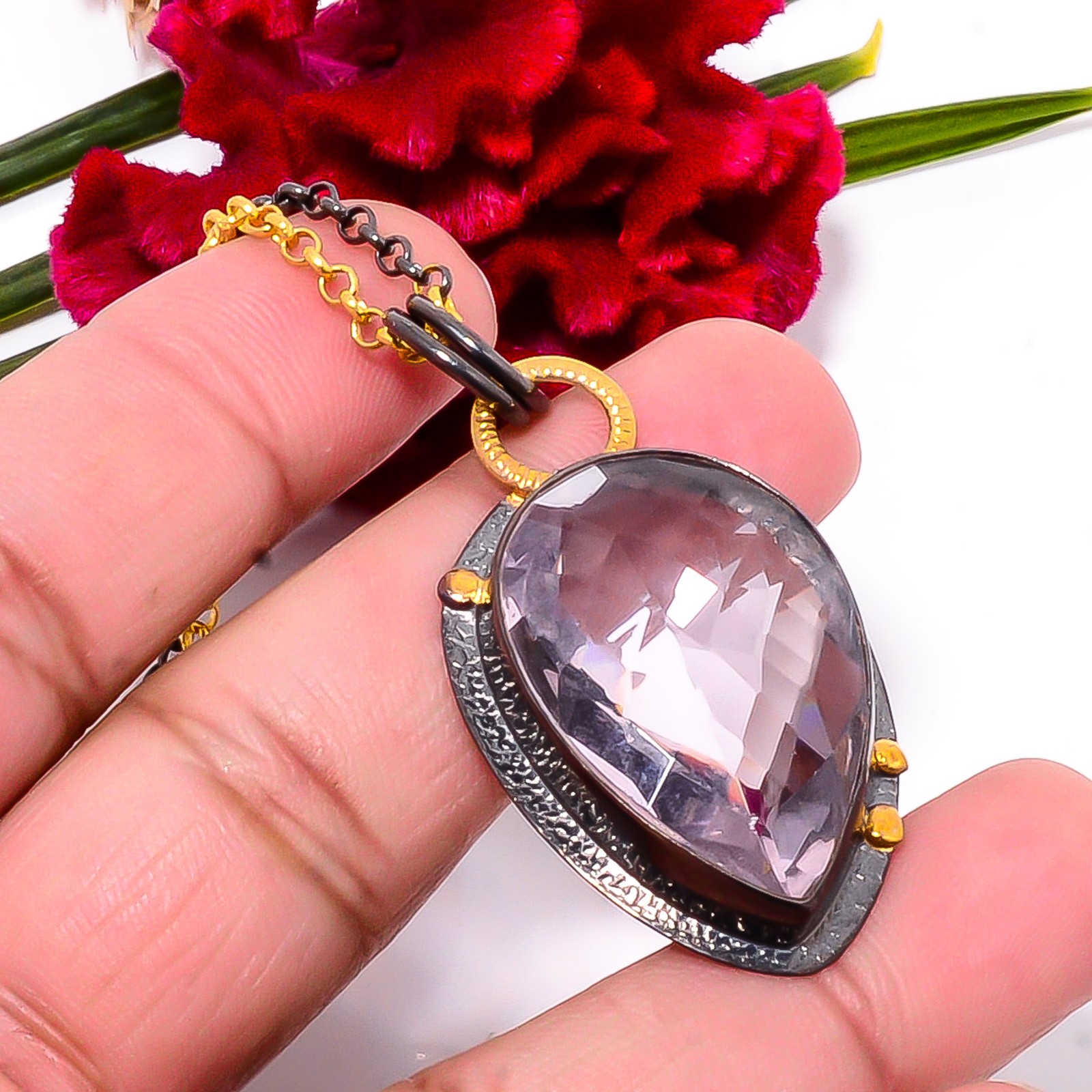 Pink Kunzite Black And Gold Rhodium 925 Sterling Silver Chain Pendant 18-22″ S20
