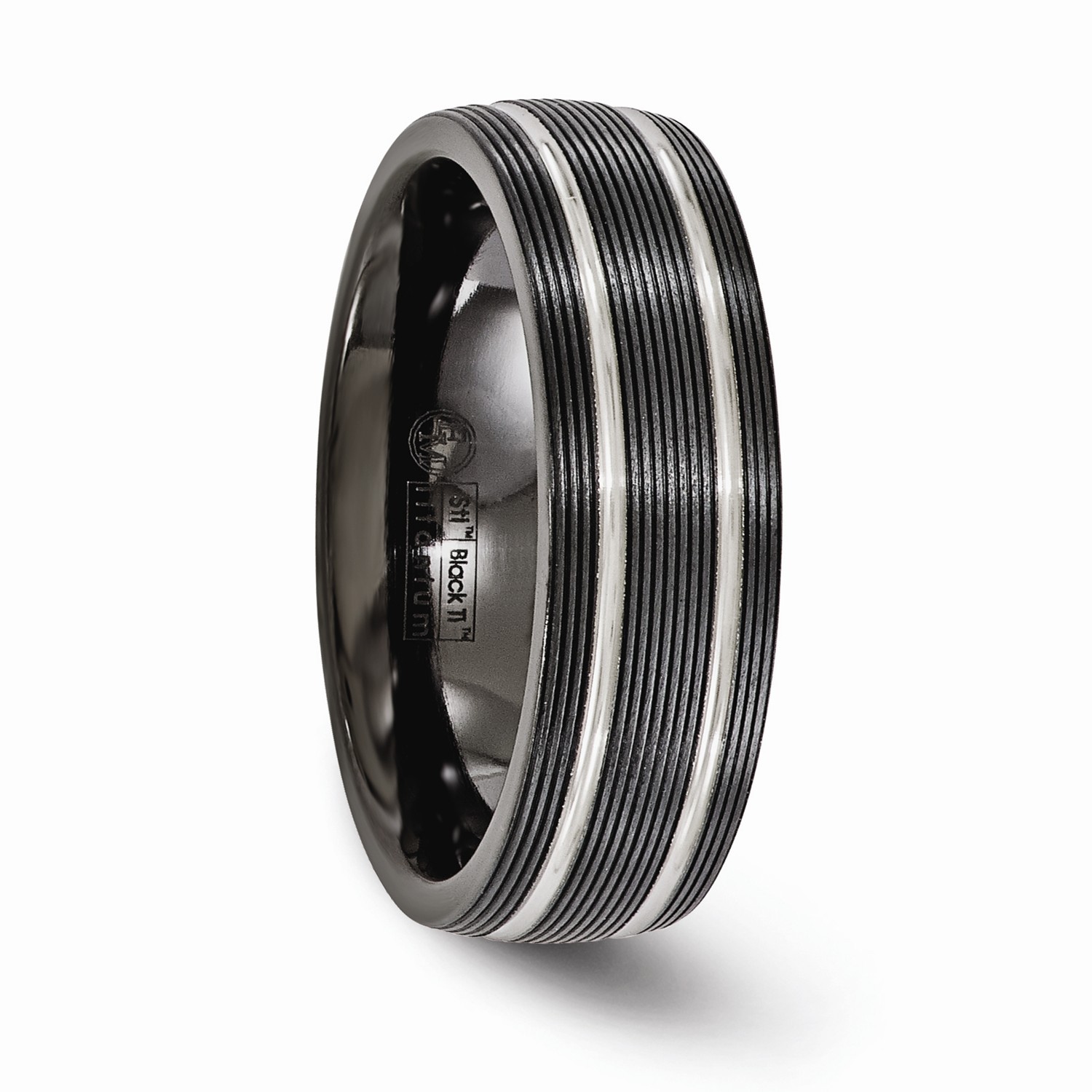 Edward Mirell Black Ti Titanium 7mm Grooved Lines Wedding Band Sizes 6 to 13