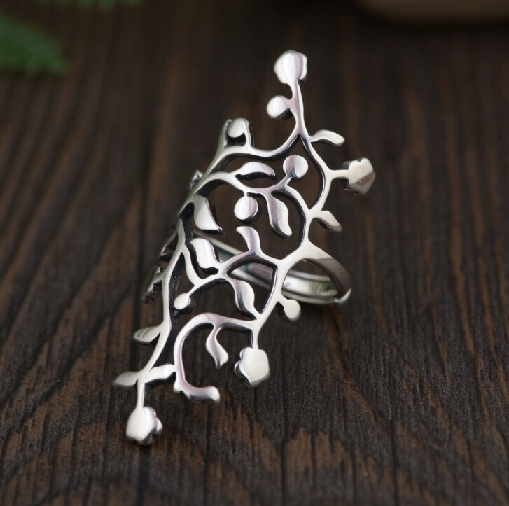 I05 Ring Silver 925 Vine Ornament Leaves Adjustable Size