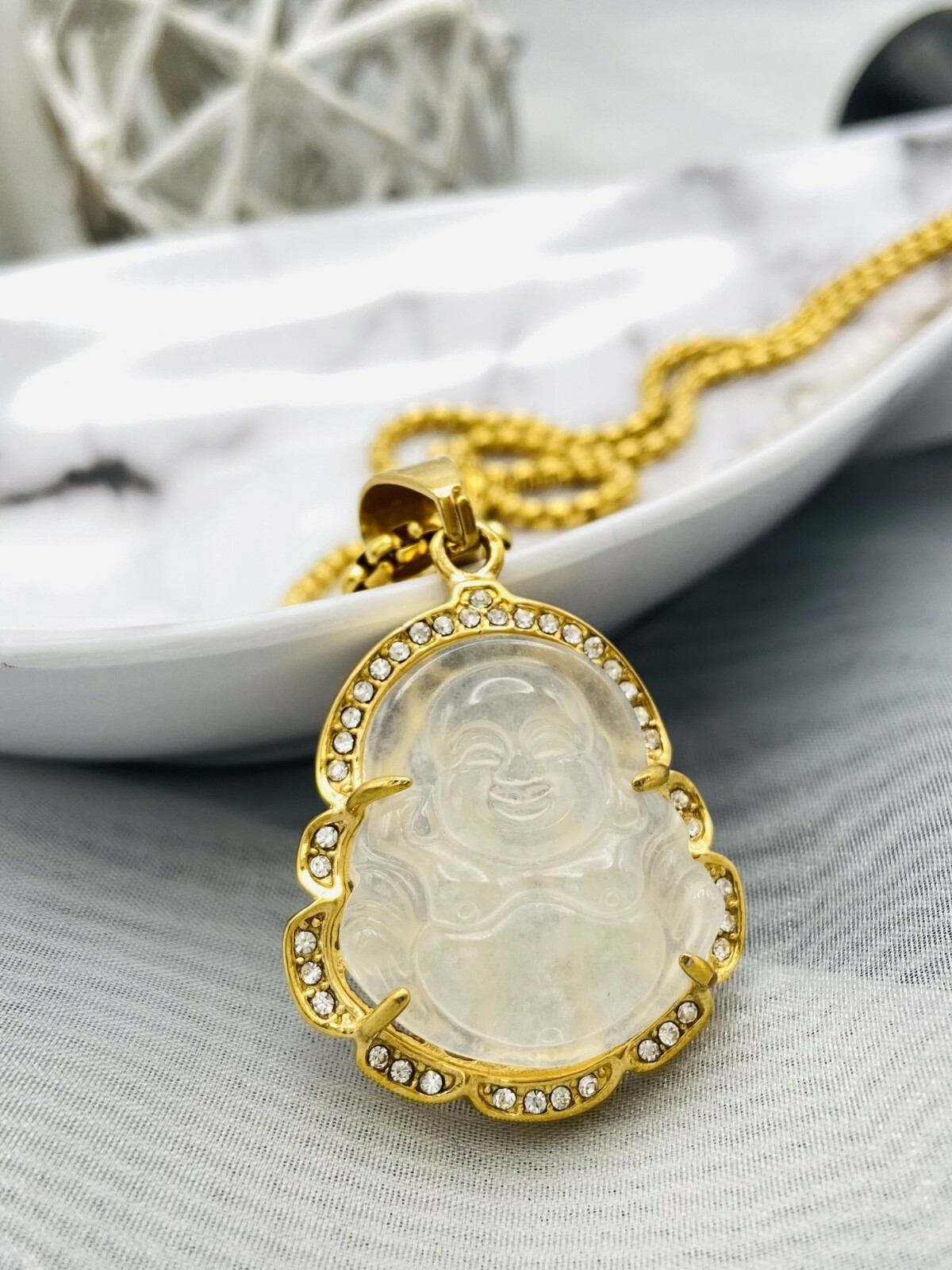 Jade Buddha Pendant Necklace W/ 18K Gold Plated Crystal Charm Hip Hop Chain