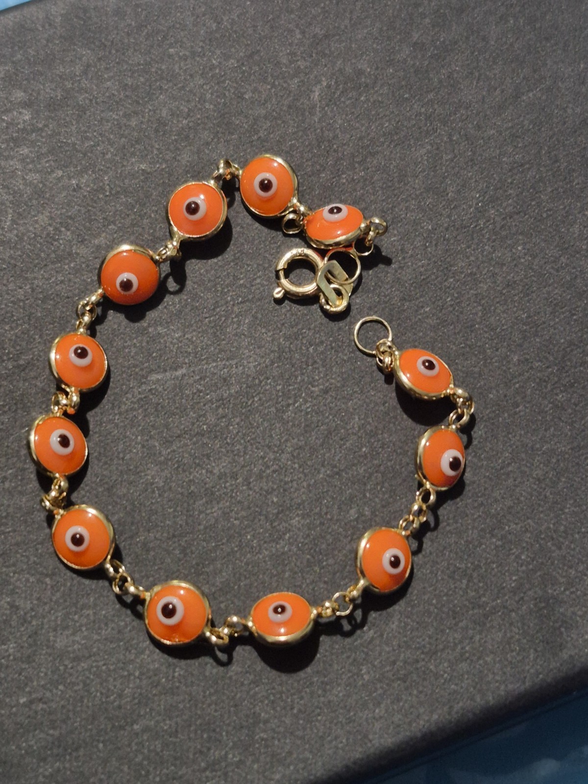 Solid Gold 14k 585 Stamped Evil Eye Bracelet Orange 6in