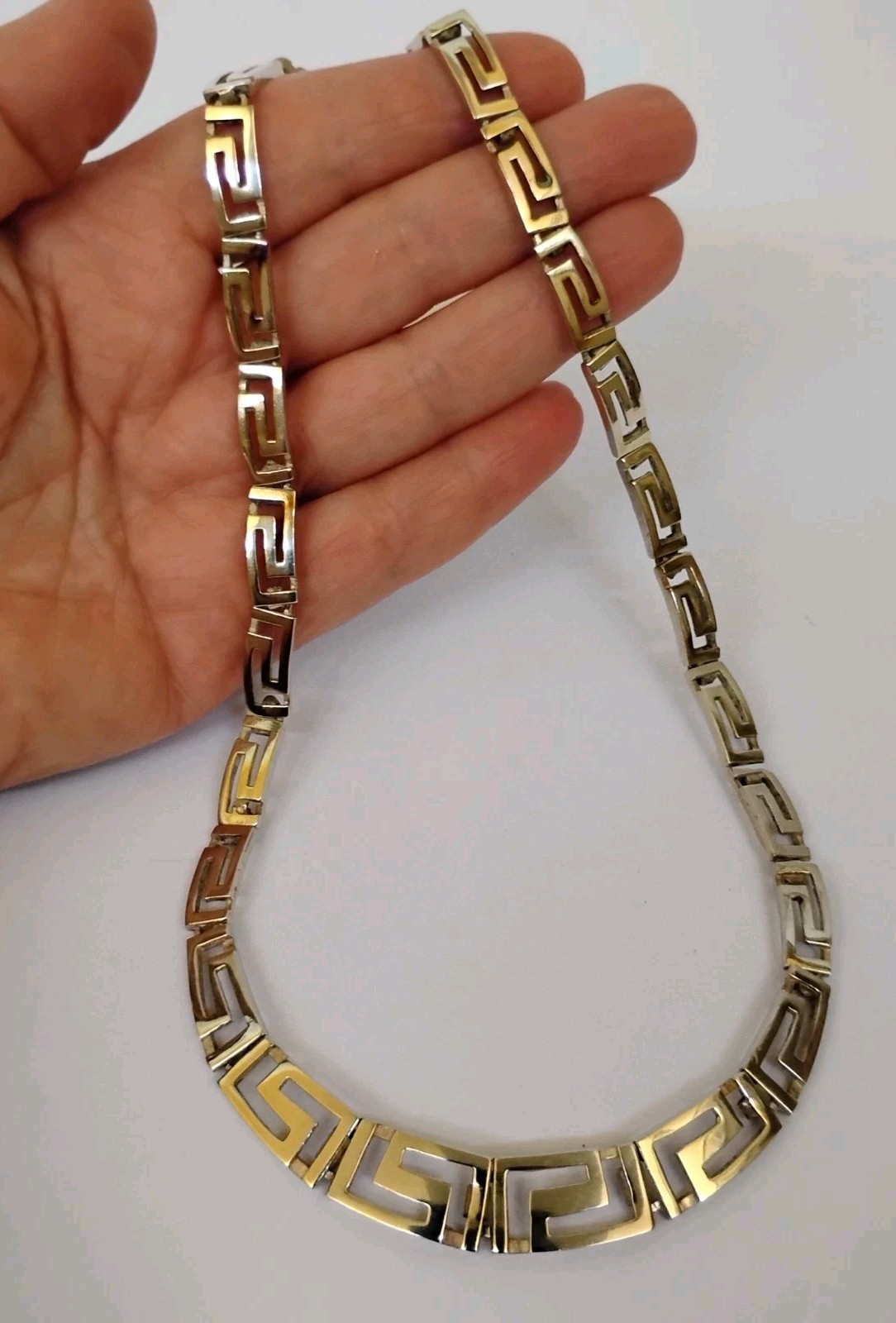 Sterling Silver Greek Key Necklace Graduated Openwork Links 17.5″ 36.9g