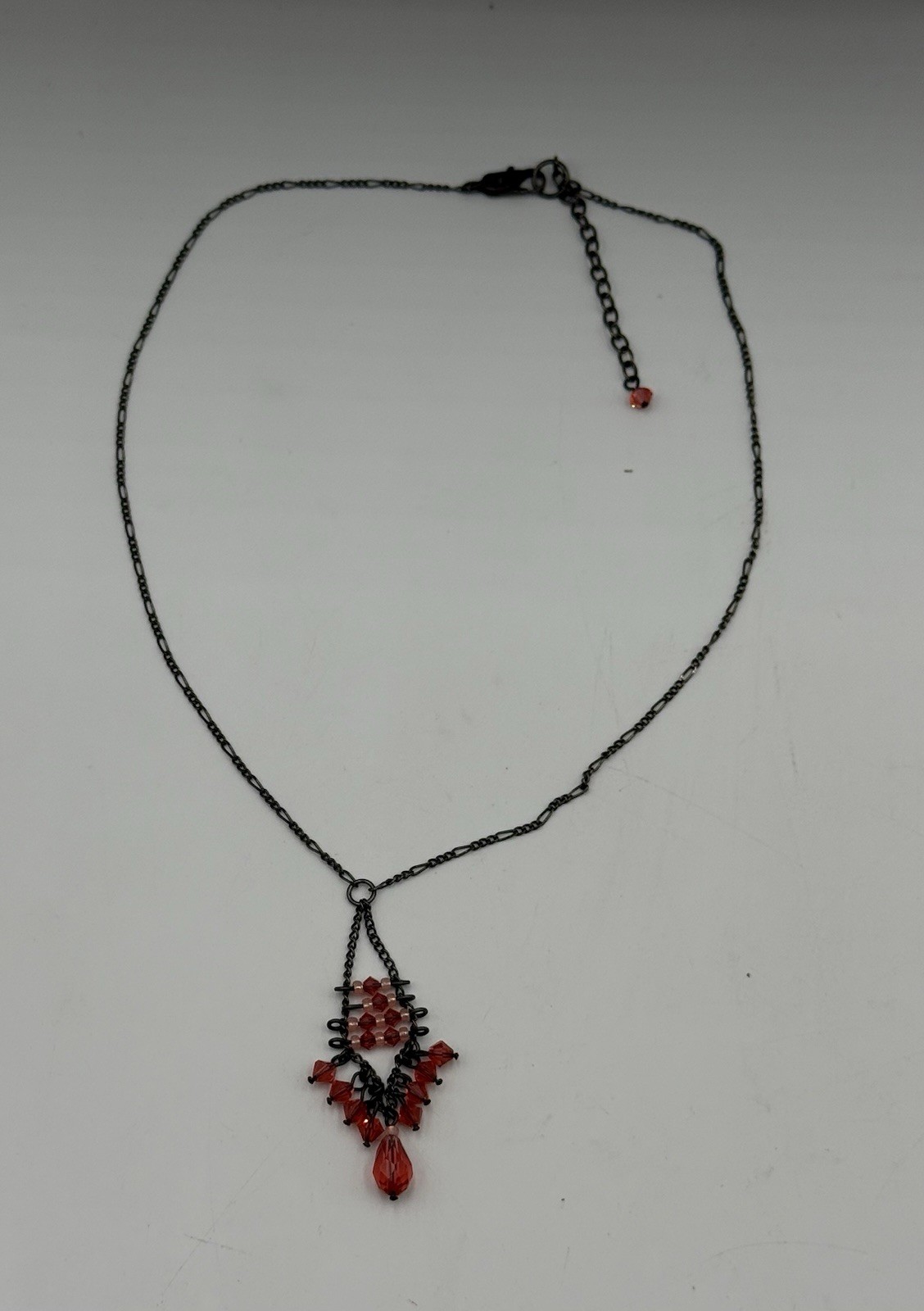 Artisan Red Crystal Beaded Pendant Necklace Gunmetal Wire Wrapped Chandelier