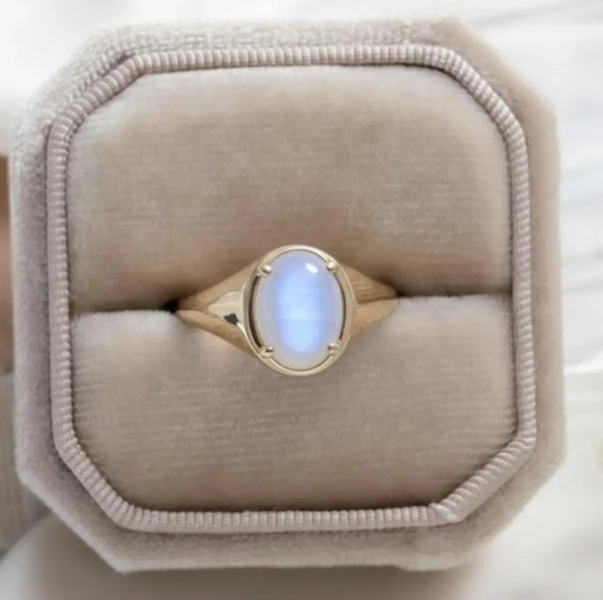 Natural Rainbow Moonstone Engagement Rings Oval Signet Ring 9k solid gold ring