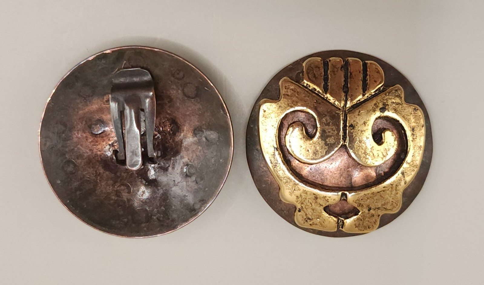 Vintage MCM Copper Brass Clip On Earrings Large Abstract Modernist Statement 50s