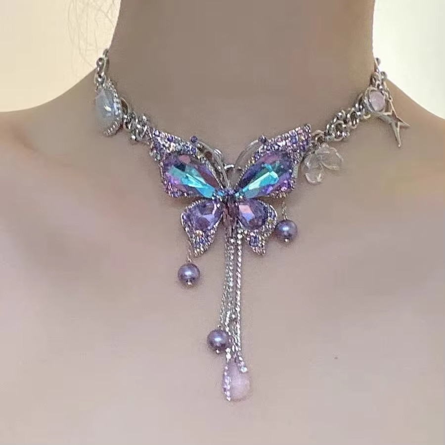 Purple Butterfly Tassel Necklace Vintage Style Statement Pendant Fashion Jewelry
