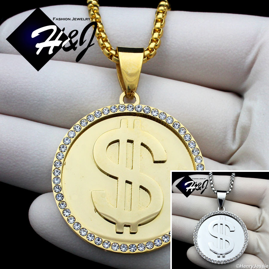 18-36″MEN Stainless Steel 3mm Silver/Gold Plated Box Chain CZ $ Sign Pendant*110