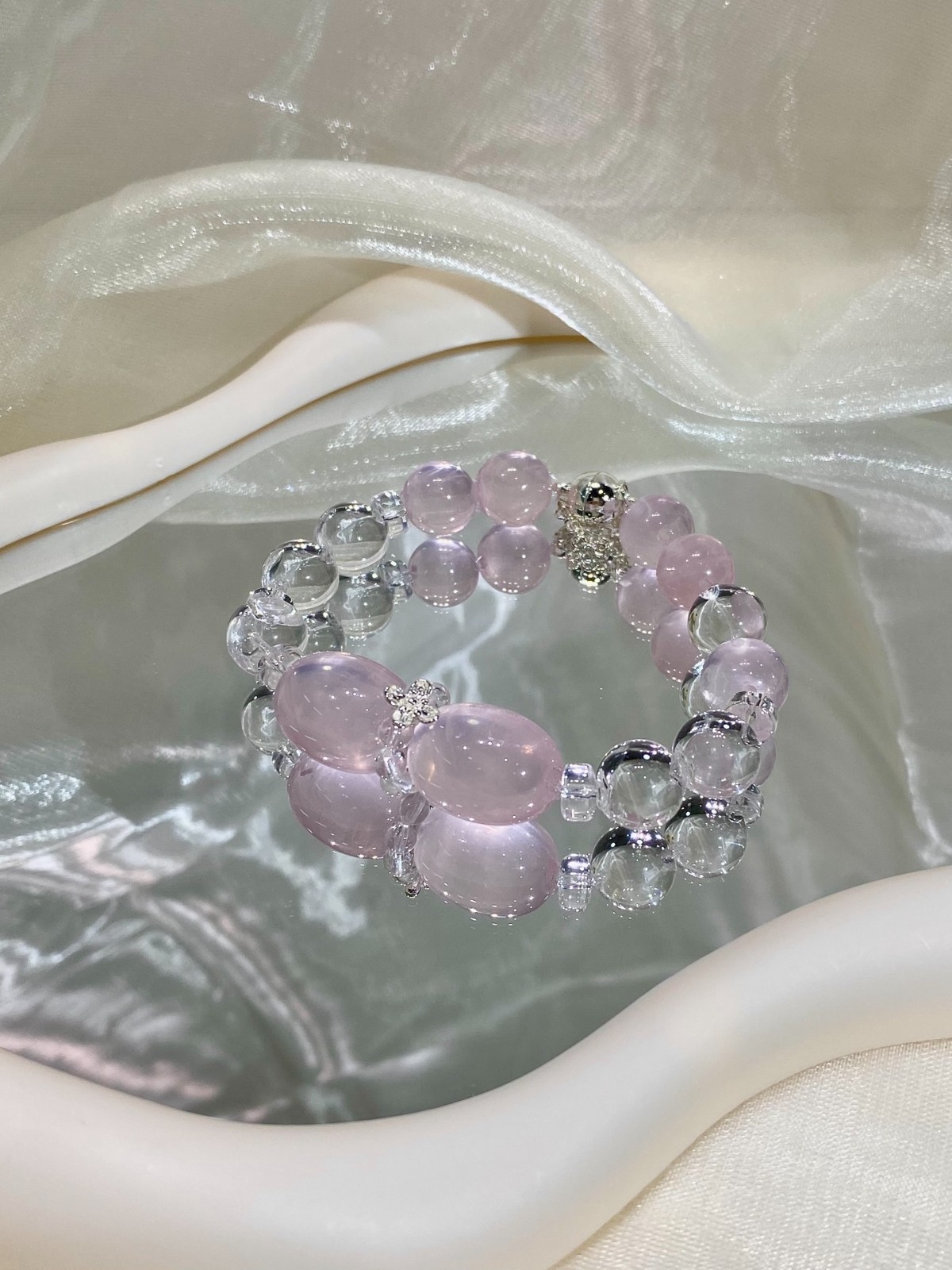 LUSA FEELA Natural Pink White Crystal Bubble Bead Stretch Bracelet Gift Box