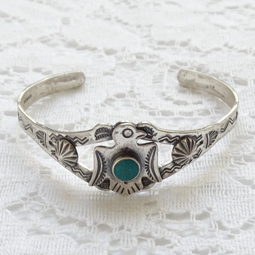Fred Harvey Era Navajo Turquoise Sterling Thunderbird Cuff Bracelet SMALL WRIST